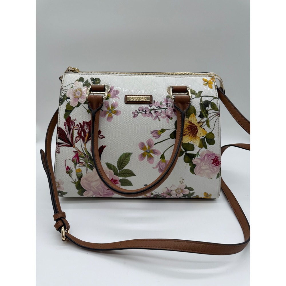 Calvin Klein Floral Logo Satchel Handbag White Crossbody Bag Gold‎ Hardware